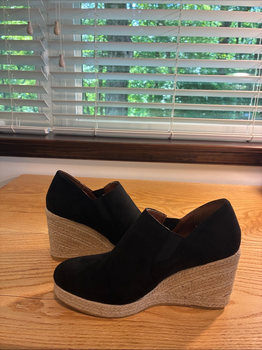 Black Suede Espadrille Wedge Slip-On Heels